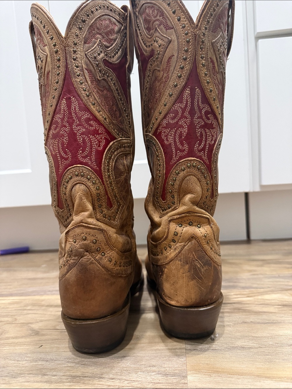Lucchese Women's Brown Leather Cowboy Boots with Red Shaft - Picture 4 of 14
